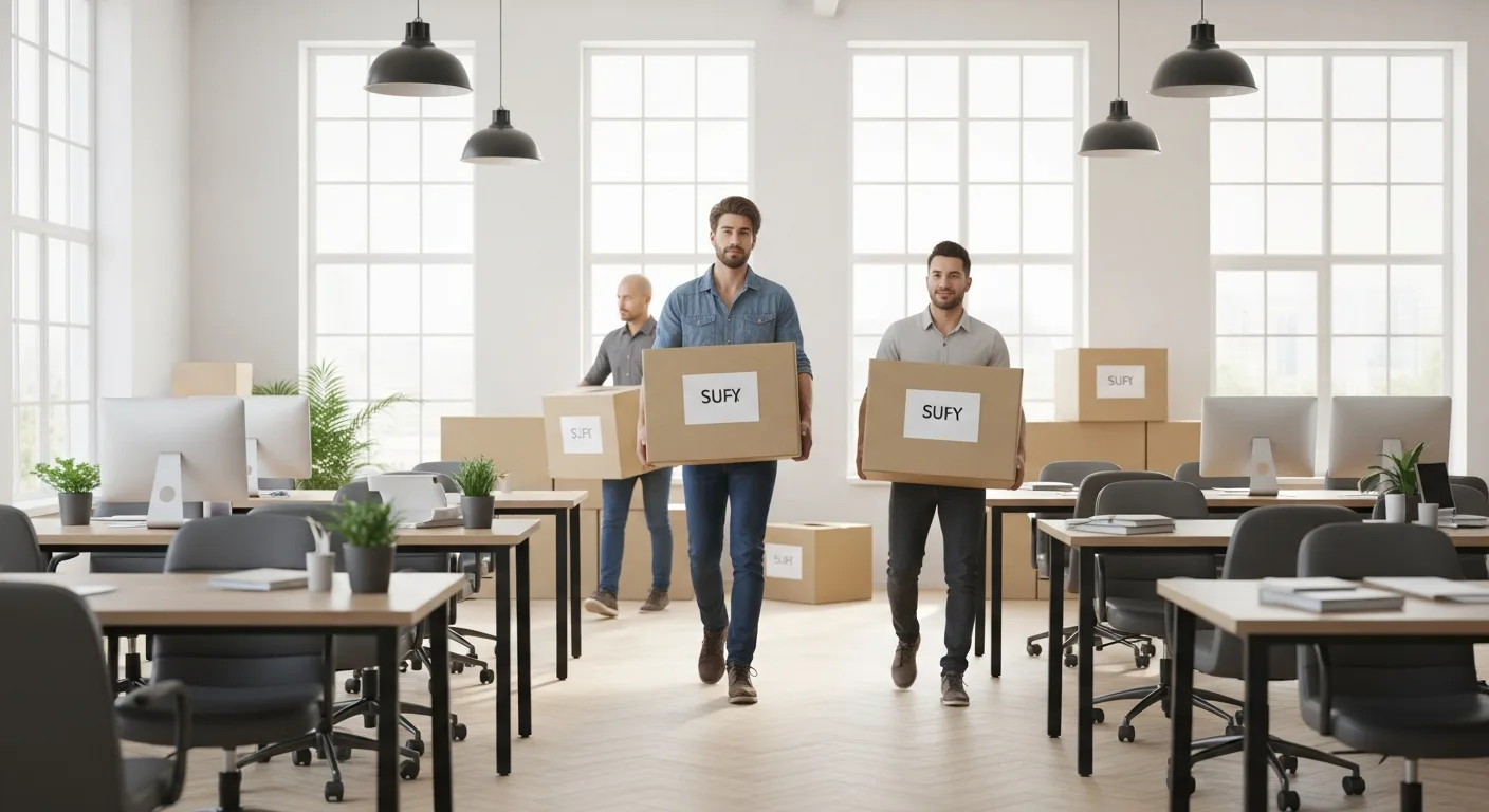 Déménageurs professionnels transportant des cartons étiquetés dans un open space de bureaux moderne